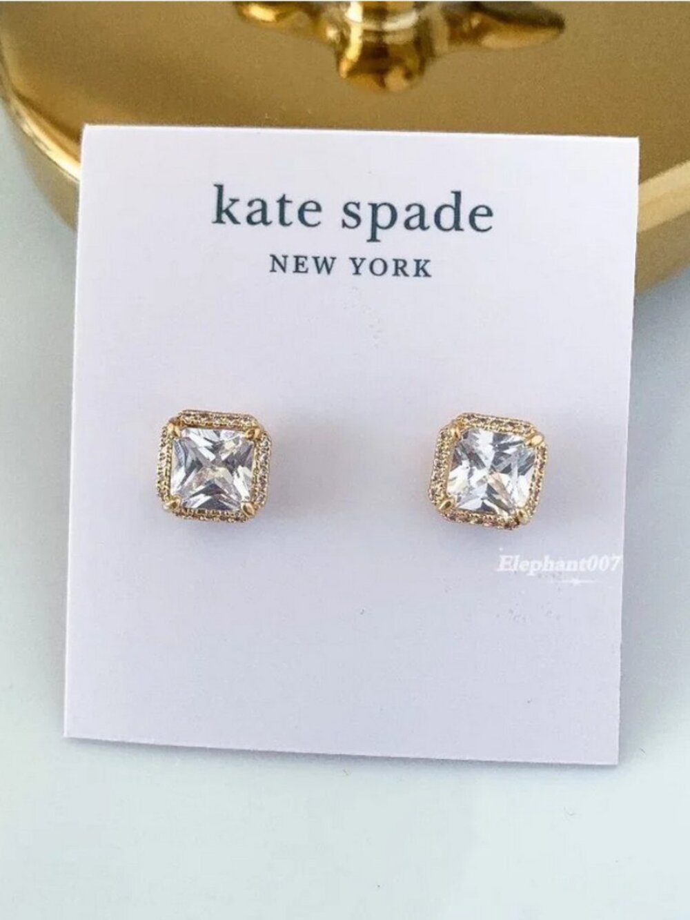 Kate Spade Princess Cut Crystal Stud Earrings Gold Tone Square Halo Post Earring